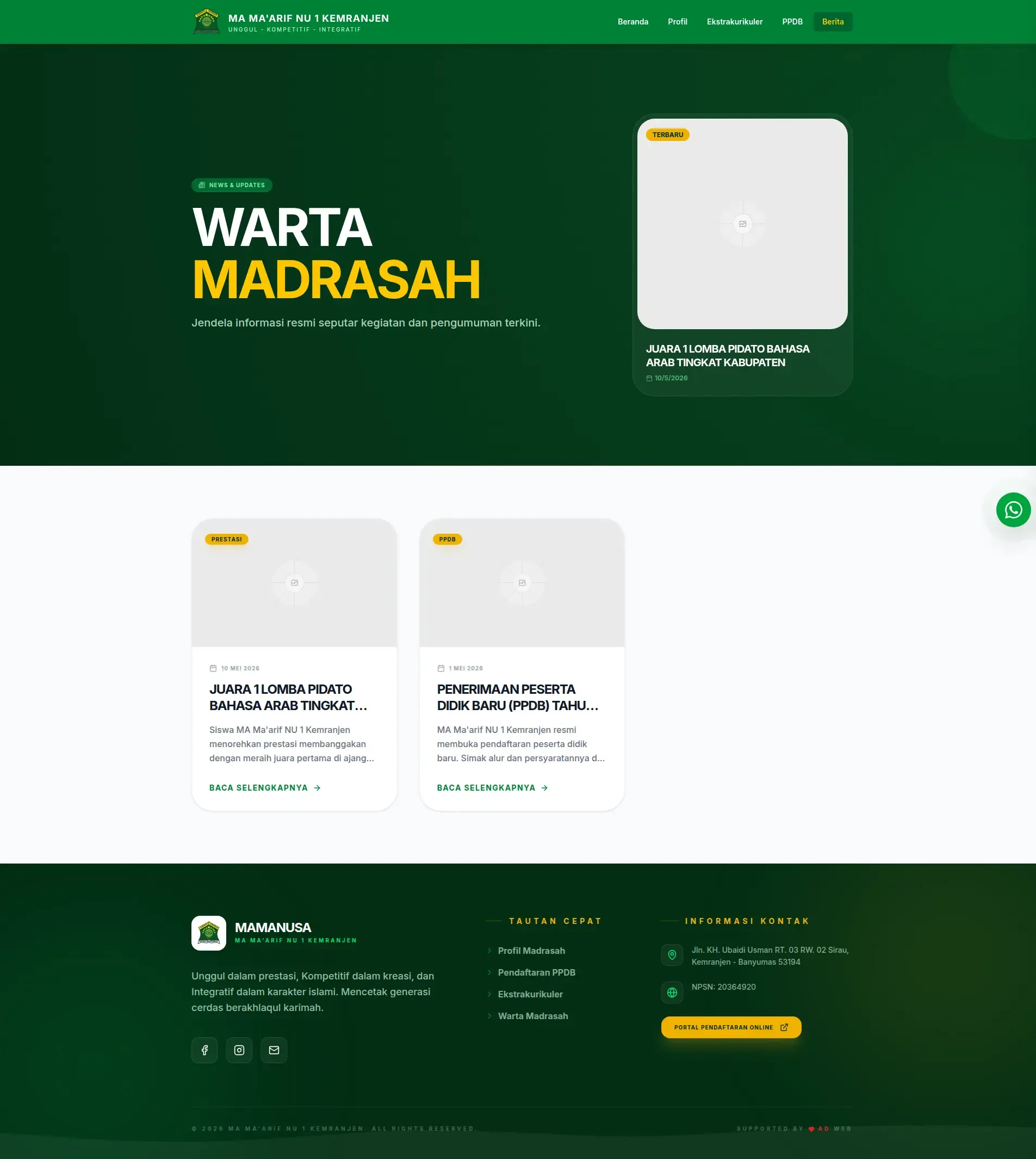 Tampilan website Website Sekolah MA Ma'arif NU 1 Kemranjen (4 dari 7)