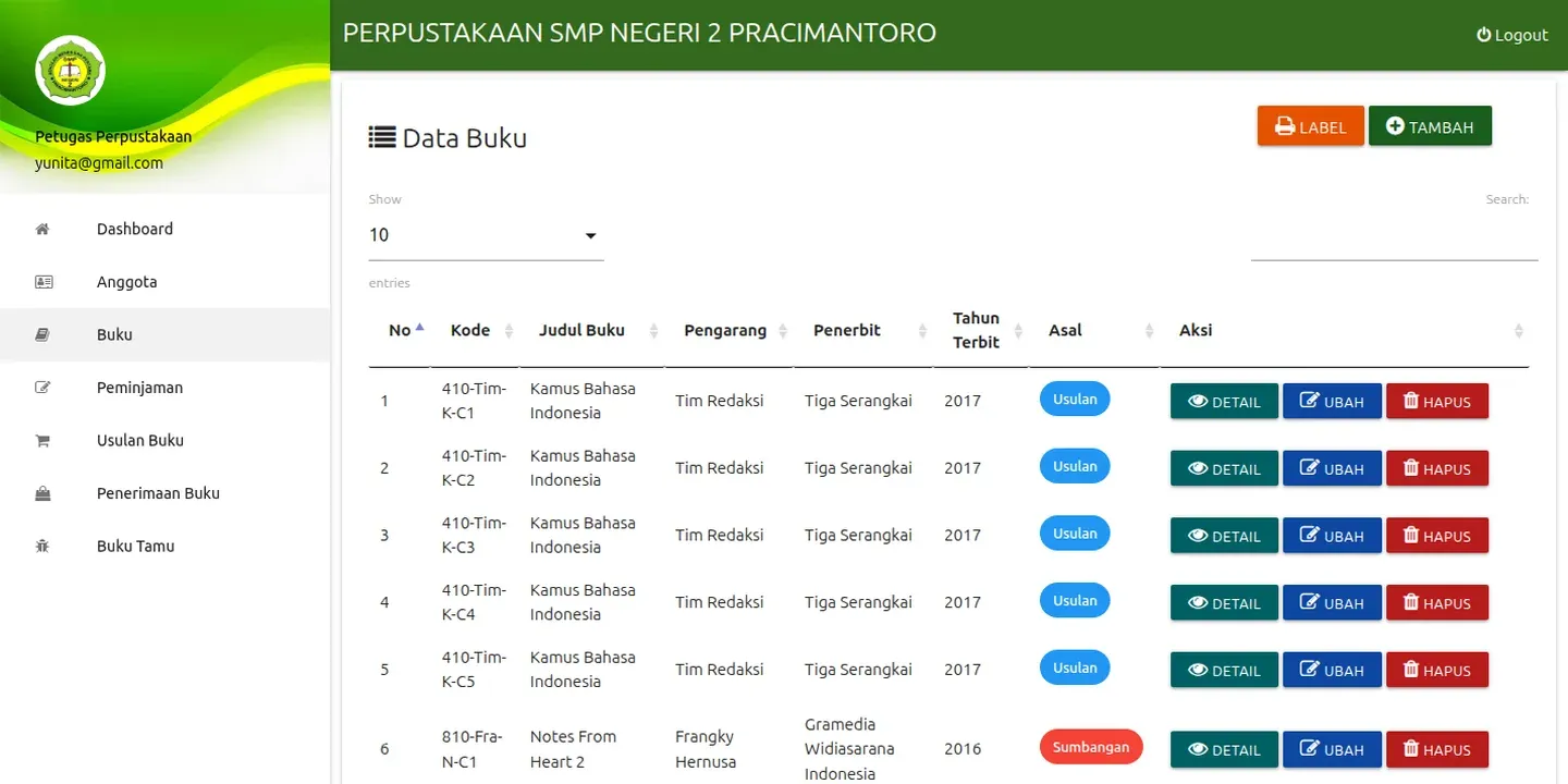 Tampilan website Sistem Informasi Perpustakaan SMP Negeri 2 Pracimantoro (2 dari 3)