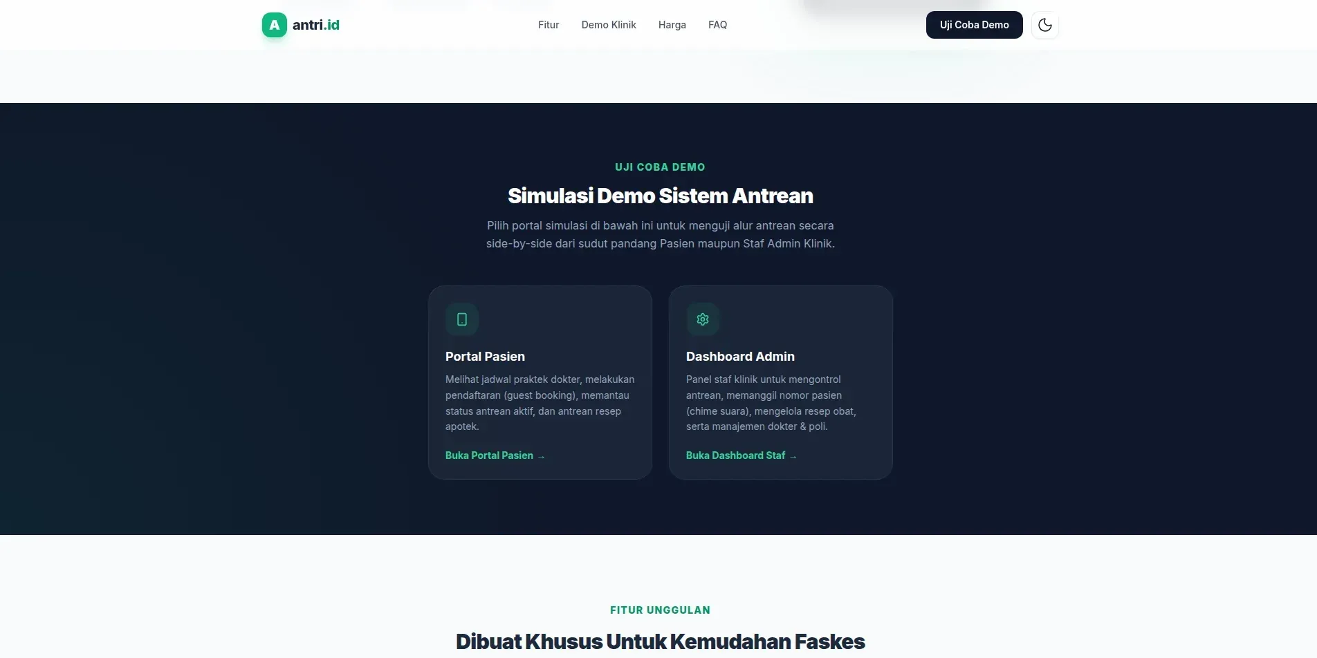 Tampilan website antri.id, Sistem Antrean Online Klinik & RS (3 dari 3)