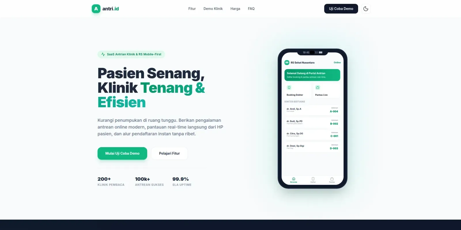Tampilan website antri.id, Sistem Antrean Online Klinik & RS (1 dari 3)