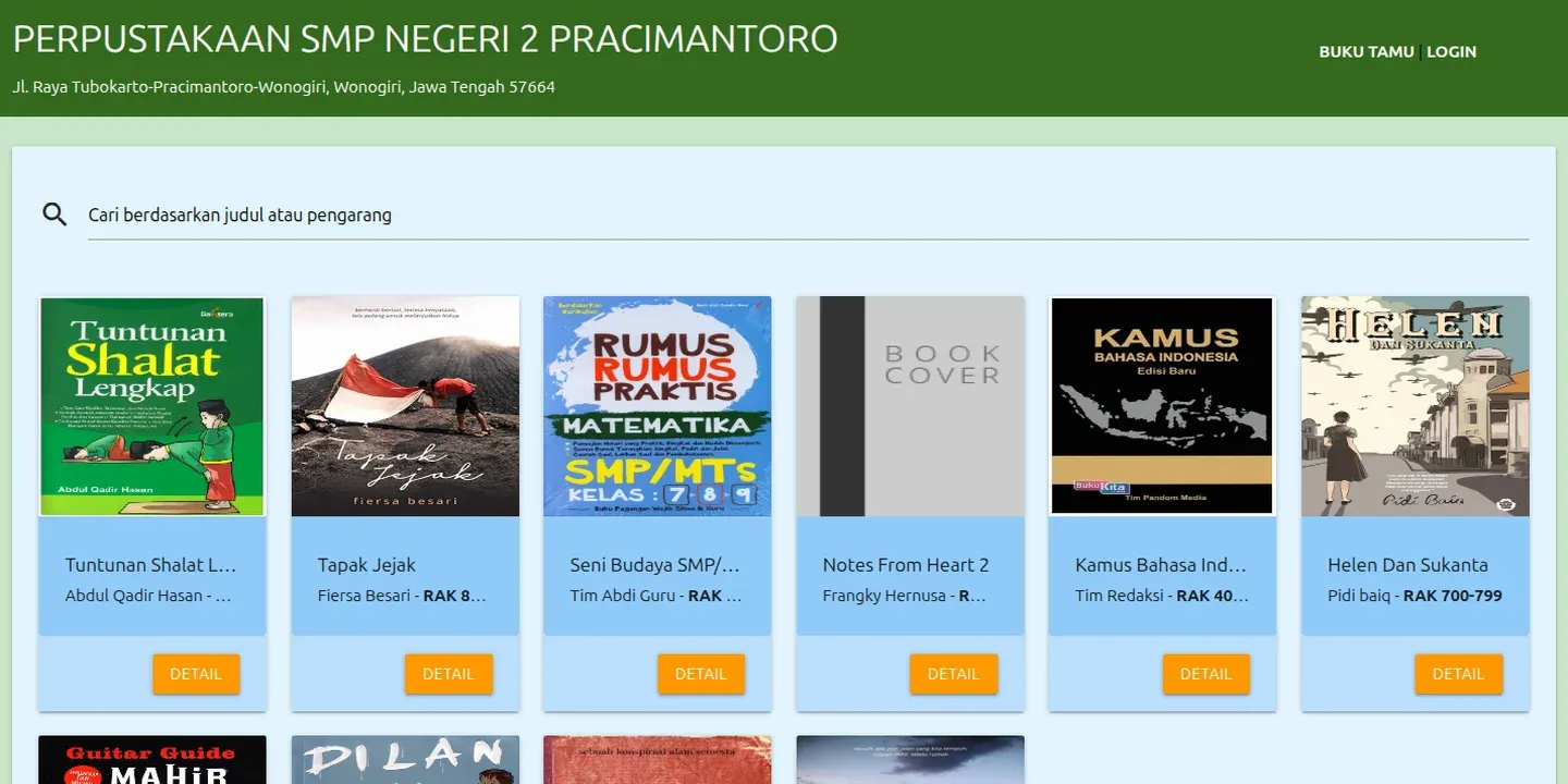 Tampilan Sistem Informasi Perpustakaan SMP Negeri 2 Pracimantoro