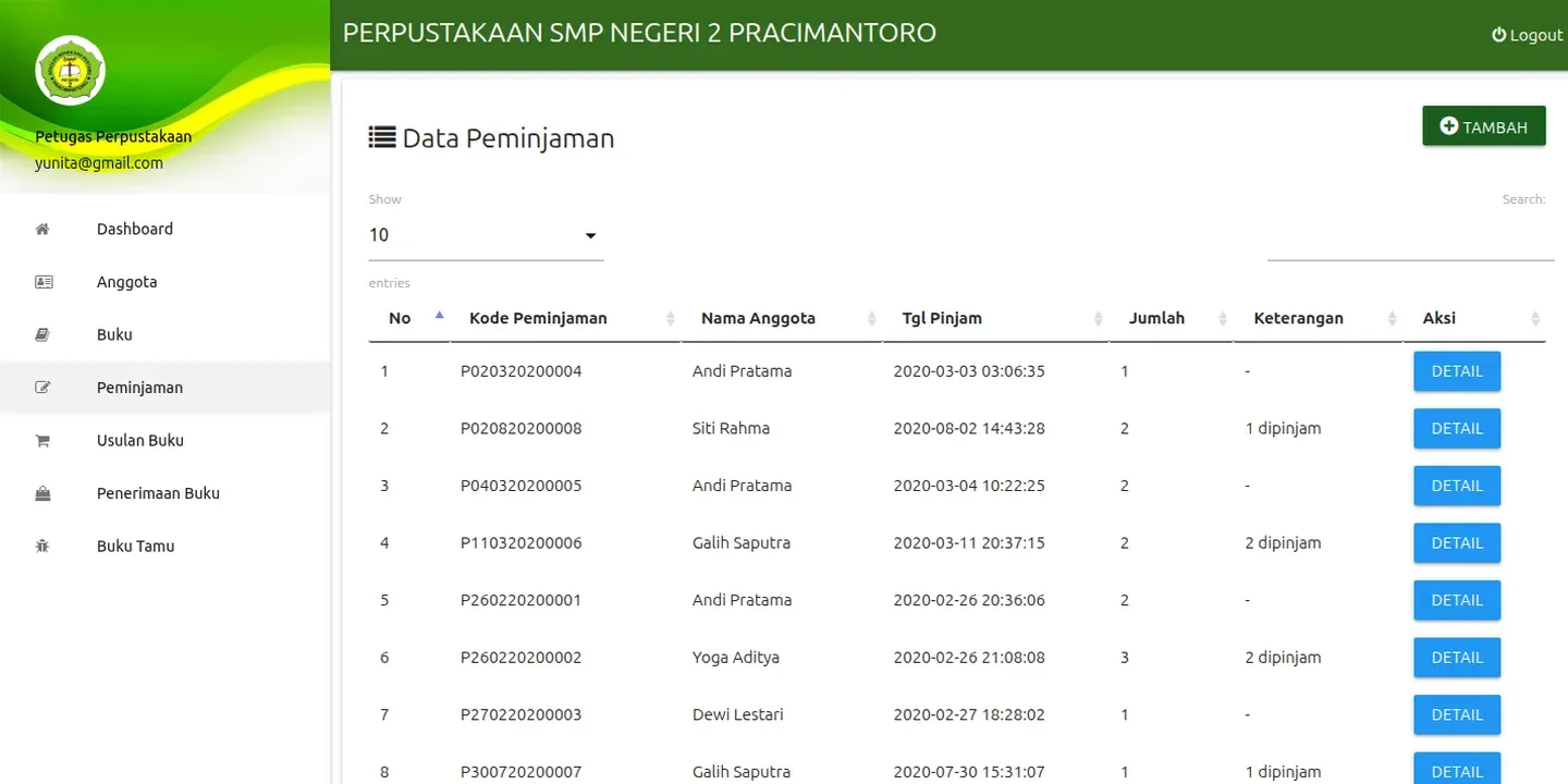 Tampilan website Sistem Informasi Perpustakaan SMP Negeri 2 Pracimantoro (3 dari 3)