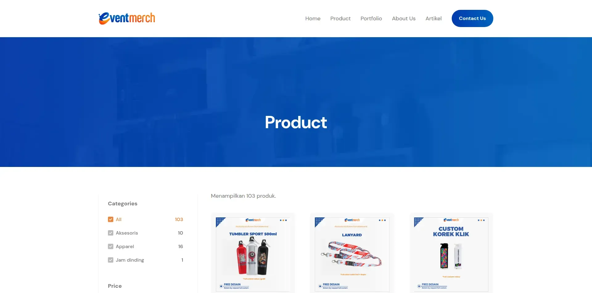 Tampilan website Eventmerch (3 dari 4)